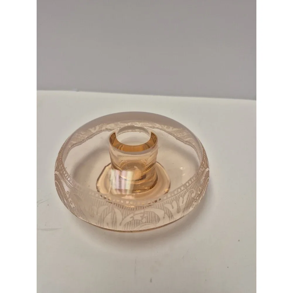 Vintage Depression etched Glass Pink Taper Candle Holder